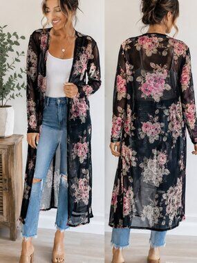 Miley + Molly Sheer Floral Duster Cardigan Black Pink Rose Mesh Kimono Boho